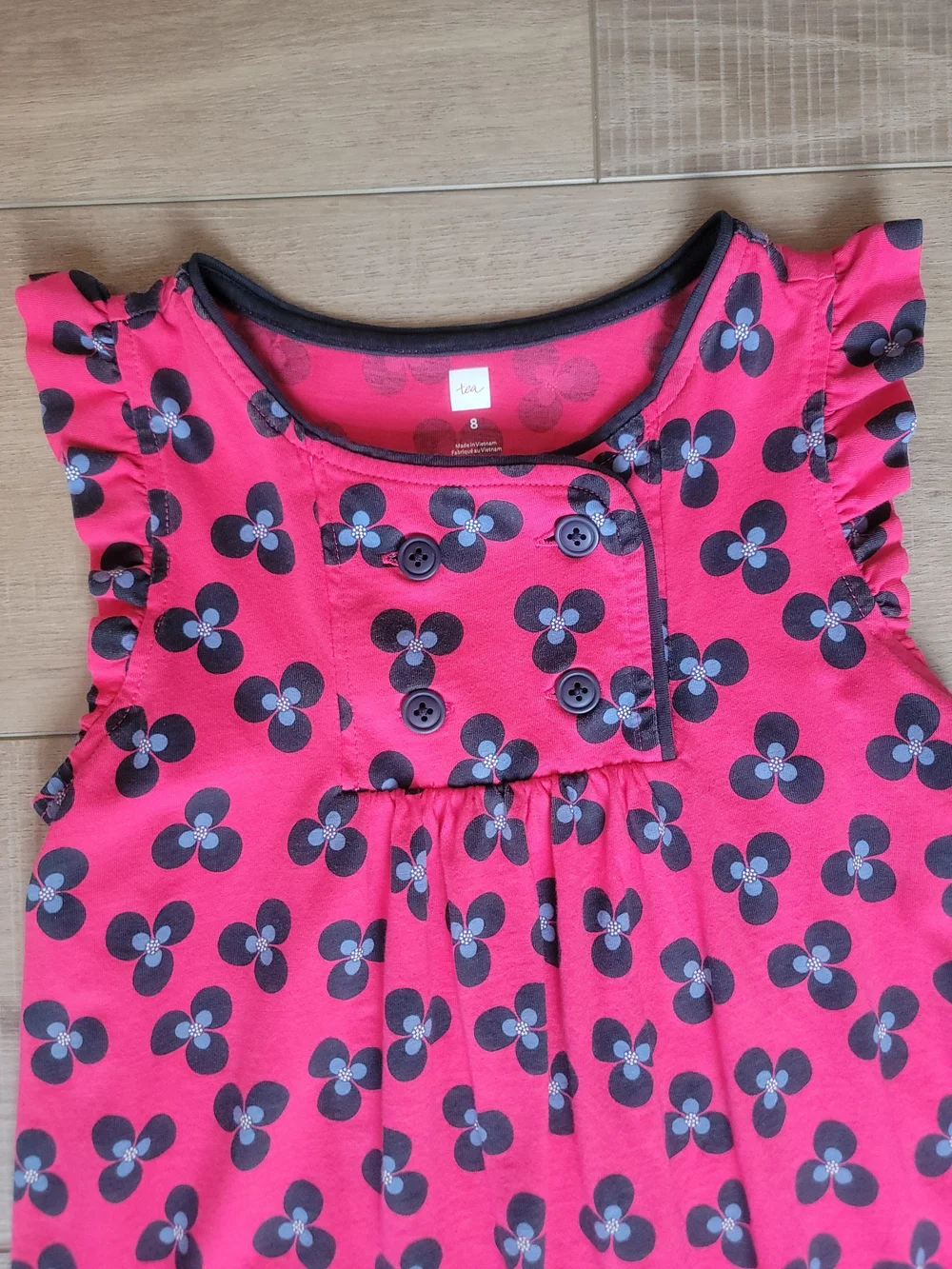 Tea Collection Girls Pink Blue Floral Cotton Double Breasted Ruffle Dress Size 8